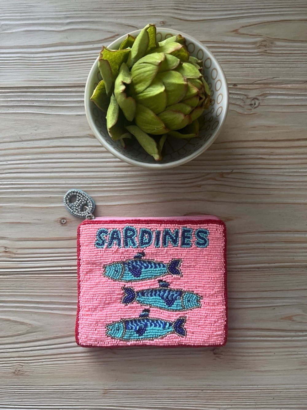 Beaded Sardines Coin Pouch Pink Multicolor Zip Pouch